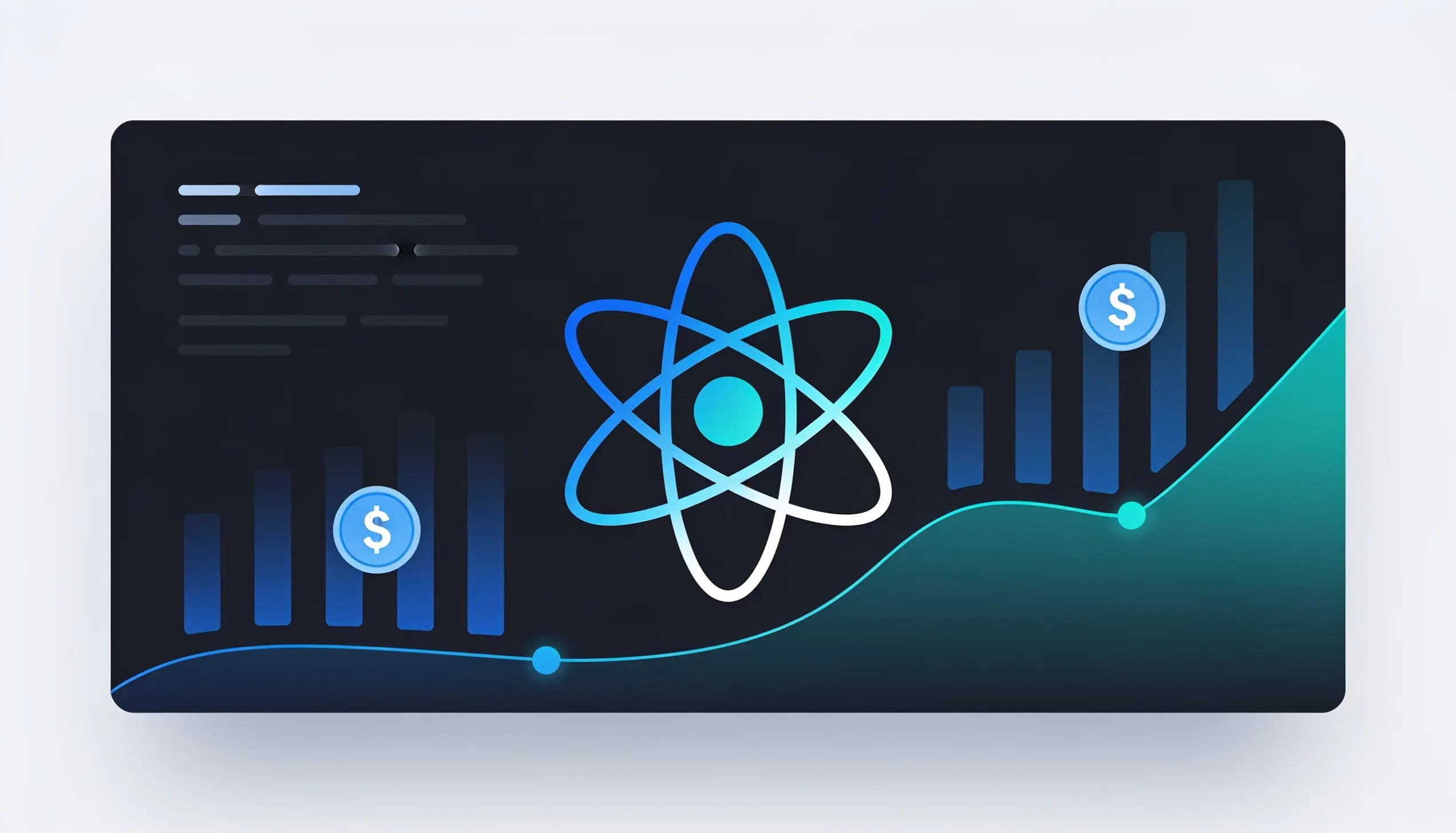 Banner graphic showing the React logo with rising bar charts and dollar coin icons, representing ReactJS development cost trends in 2026