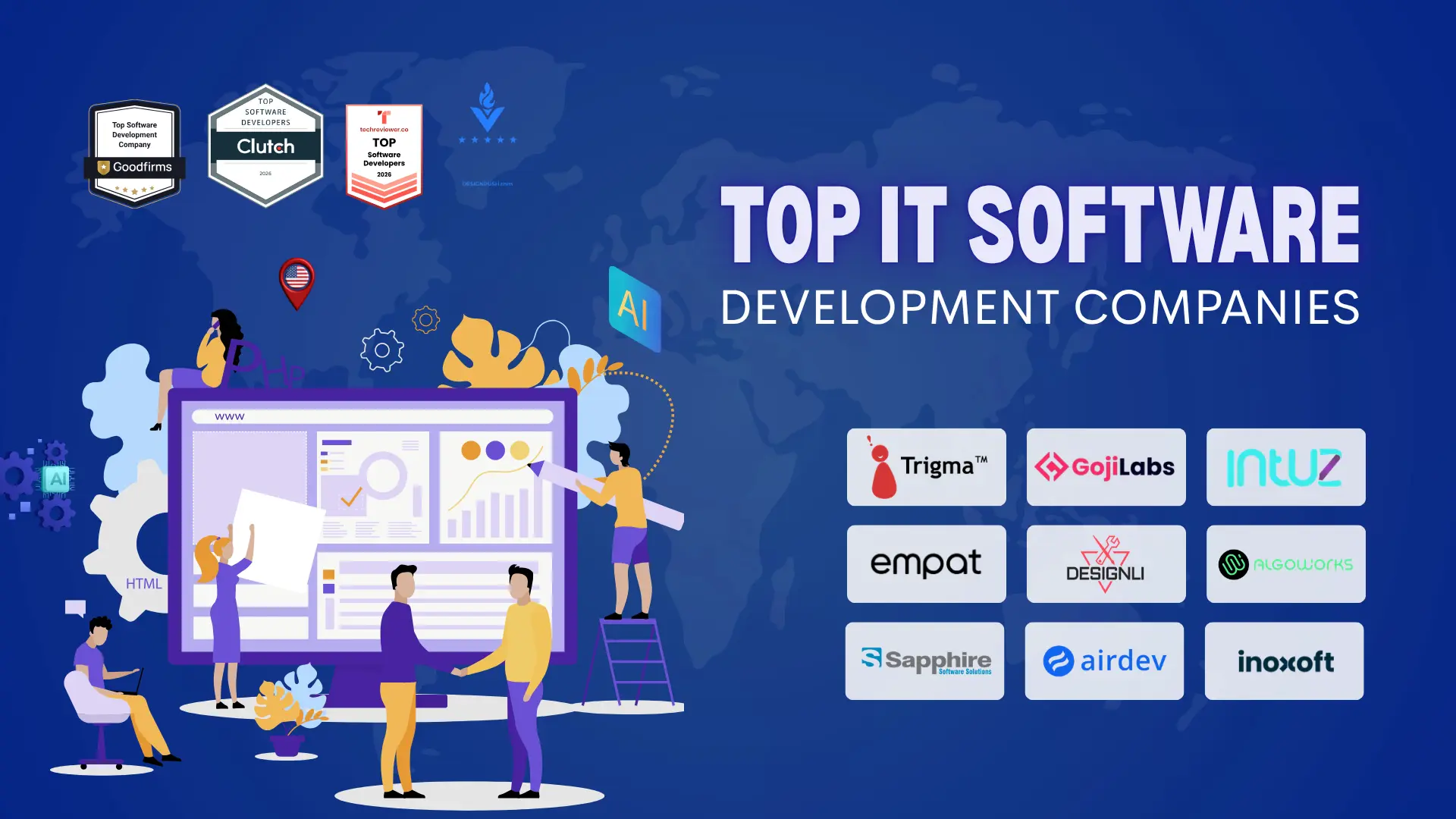 Infographic listing the top IT software development companies in the USA for 2026, including Trigma, Goji Labs, Intuz, Empat, Designli, Algoworks, Sapphire Software Solutions, Airdev, and Inoxoft