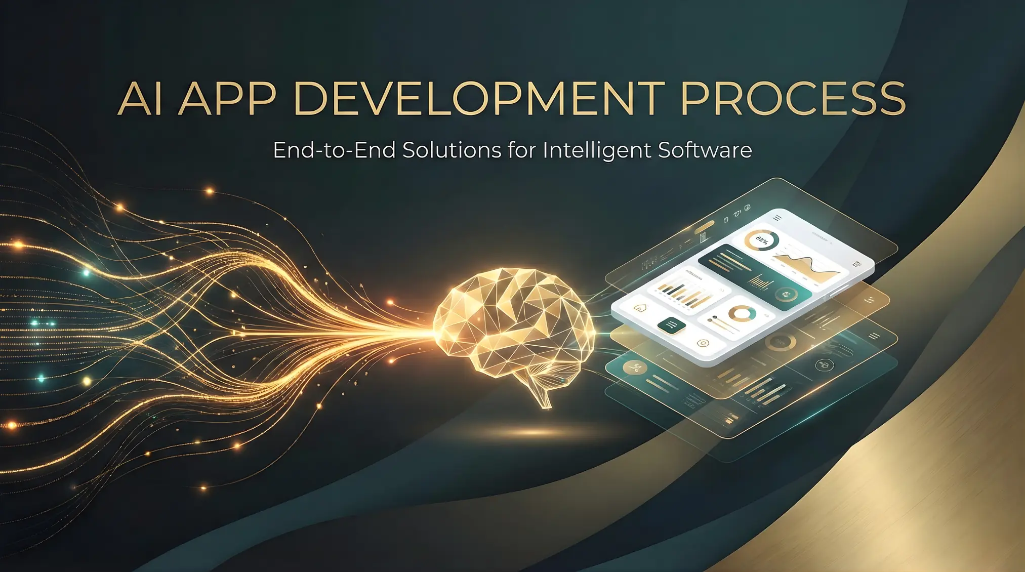AI App Development Process Visual representation of the AI app development process, highlighting data flow, AI intelligence, and application interfaces.