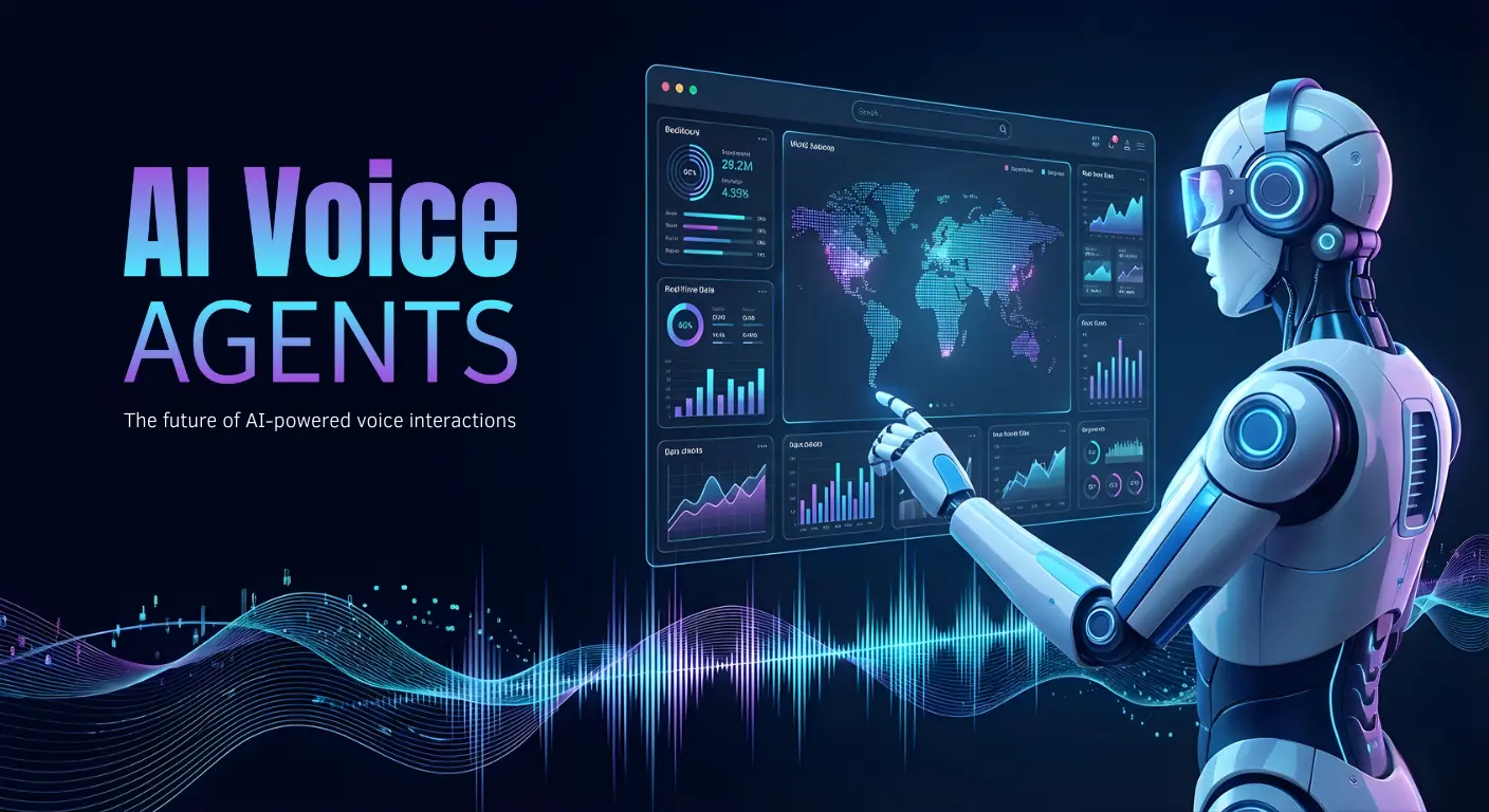 Futuristic robot with a headset interacting with a digital analytics dashboard featuring AI Voice Agents text and sound waves.