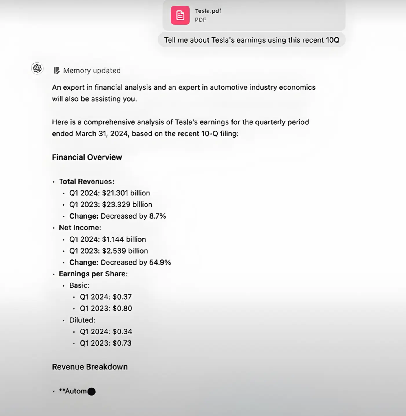 RAG-Based Financial Analysis Using Tesla 10-Q Filing Screenshot showing an AI-generated financial analysis of Tesla’s quarterly earnings based on a recent 10-Q filing, highlighting revenue, net income, earnings per share, and structured financial insights extracted from the document.