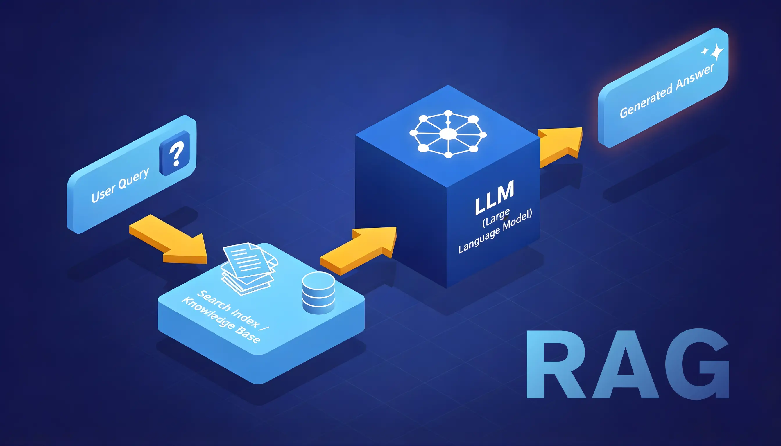 Retrieval Augmented Generation (RAG) Architecture with LLM and Knowledge Base Diagram showing Retrieval Augmented Generation (RAG) workflow where a user query retrieves data from a search index or knowledge base and passes context to a large language model (LLM) to generate an accurate answer