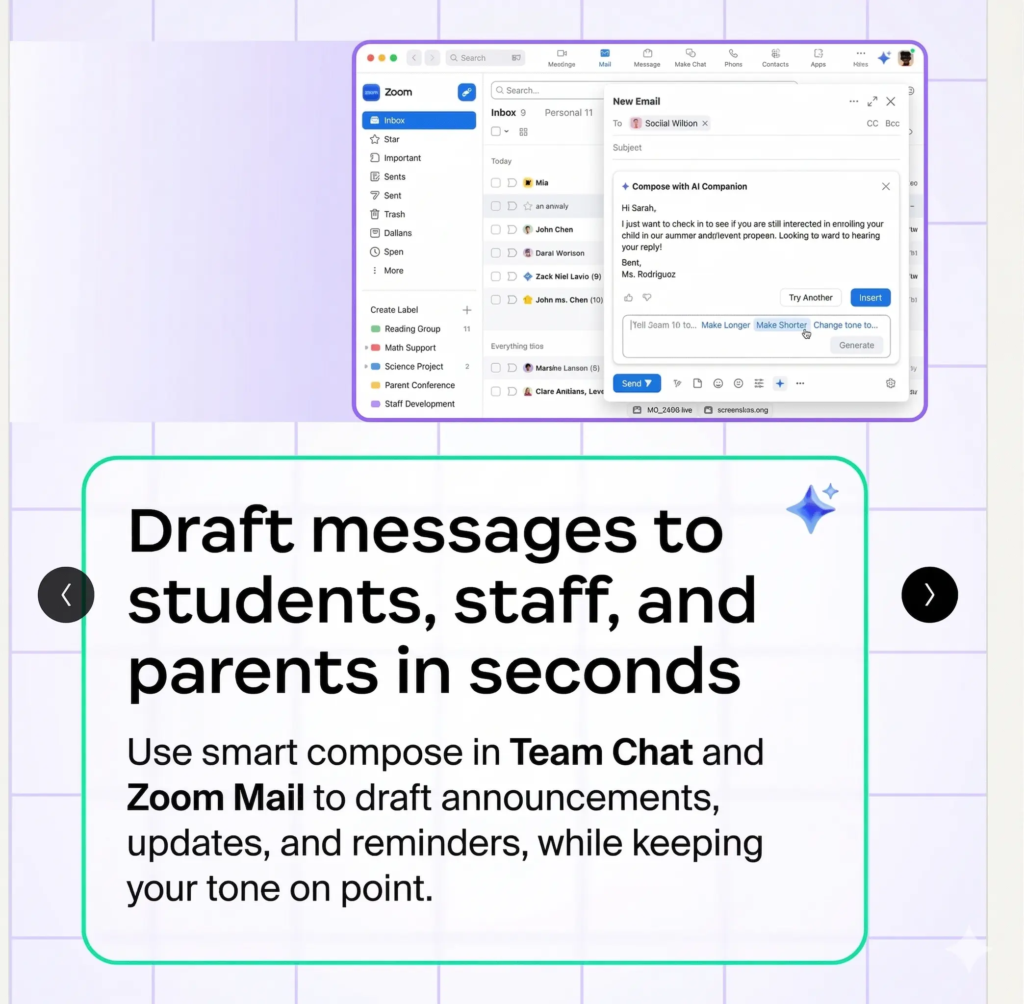 Zoom AI Companion Interface for Education A digital interface showing Zoom Mail and Team Chat with a "Compose with AI Companion" window open. A large text box in the foreground reads, "Draft messages to students, staff, and parents in seconds.