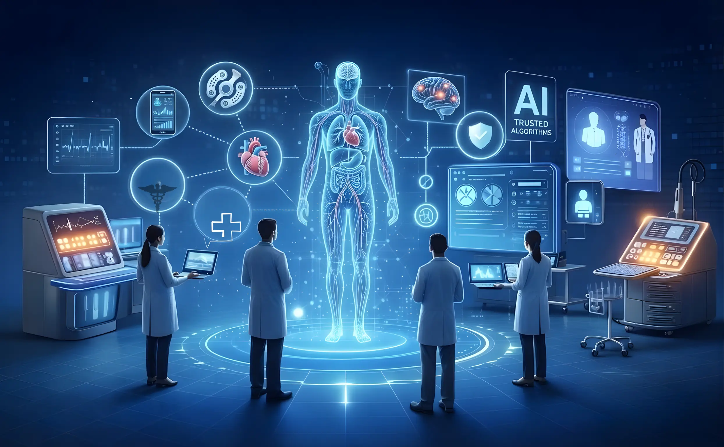 Healthcare AI trends showing doctors using artificial intelligence to analyze digital human anatomy, medical data, and AI-powered healthcare systems