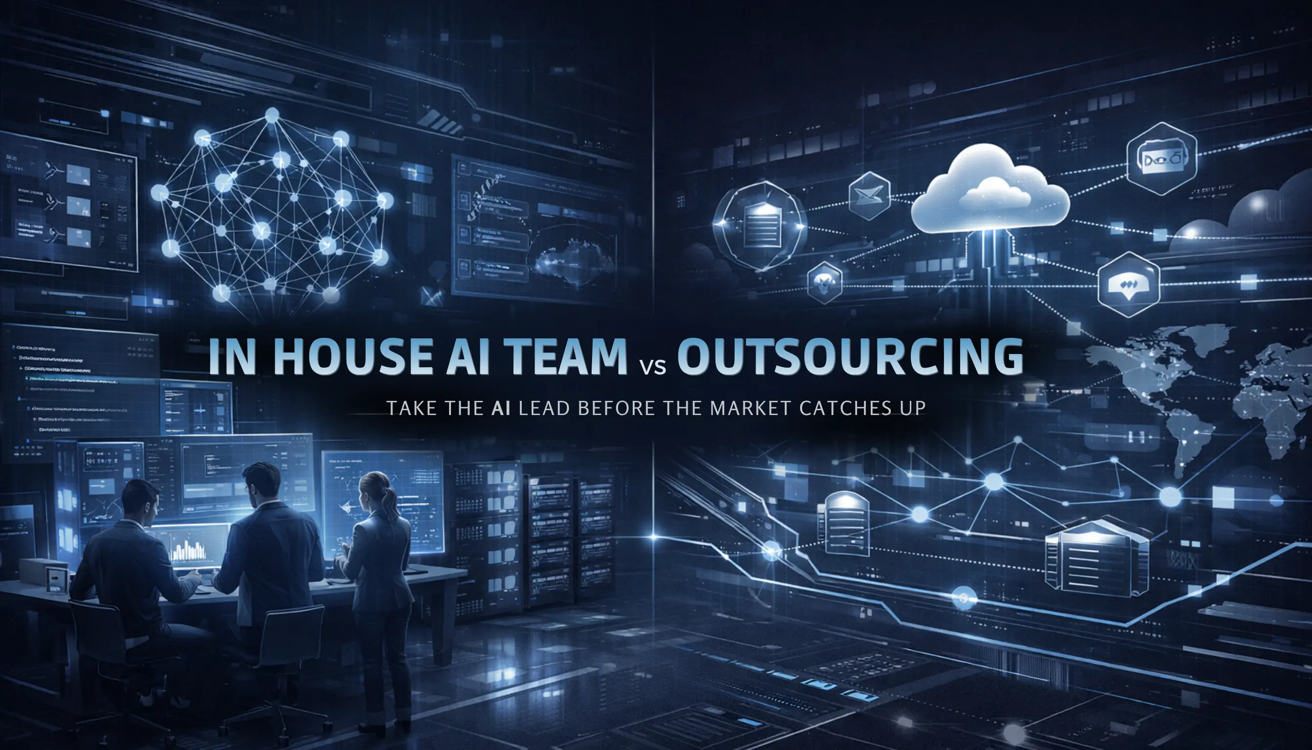 In-House AI Team vs Outsourcing: Which Is Right for Your Business? In-house AI team vs outsourcing — professionals working in an AI control room with cloud and network infrastructure