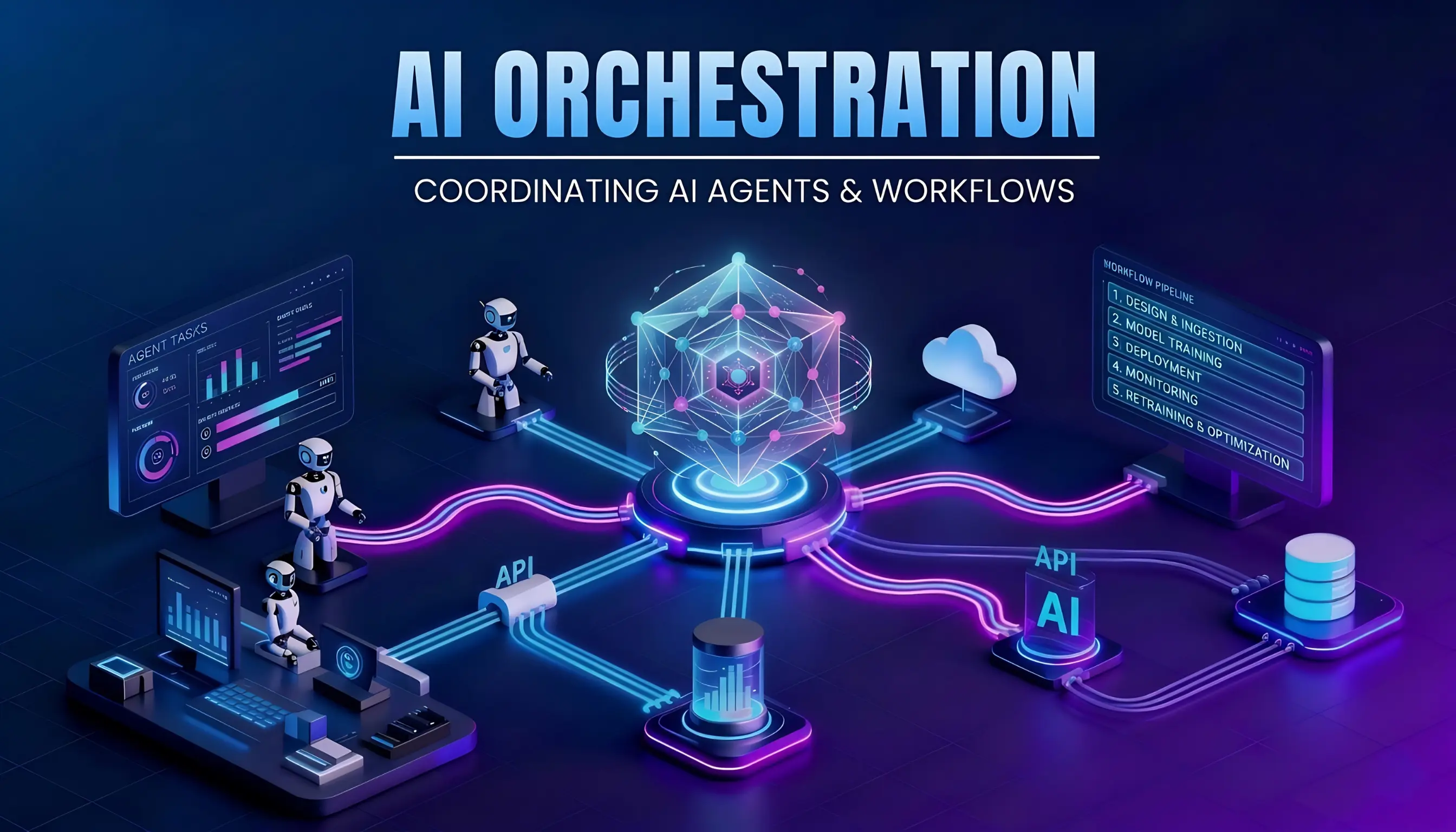 AI orchestration system showing agents, APIs, databases, and workflow pipeline connected through a central hub
