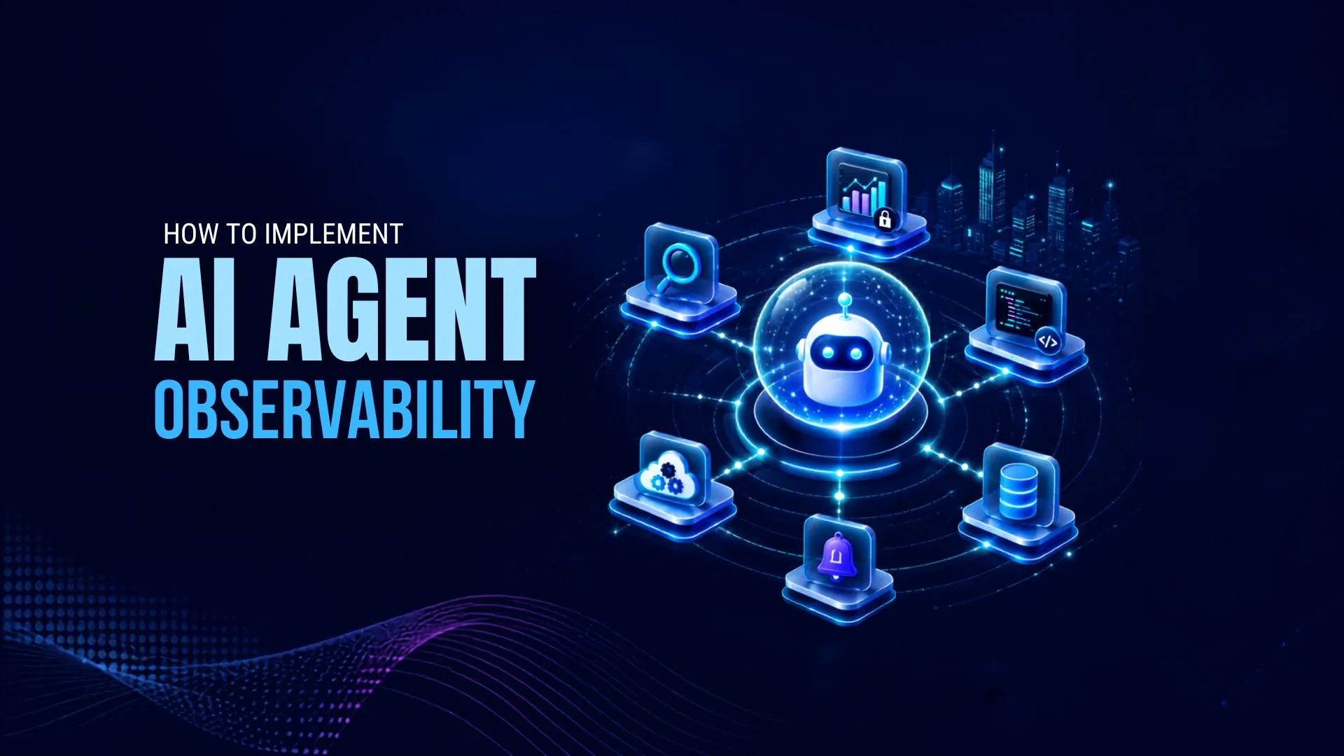 Illustration showing AI agent observability architecture with monitoring, analytics, logging, alerts, cloud infrastructure, and data integration for intelligent AI systems.