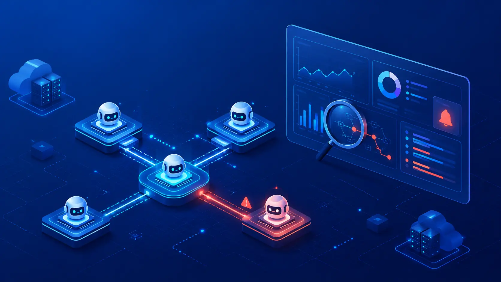 Illustration of AI agent observability in a multi-agent system, showing a central agent network with monitoring dashboard tracking a failing agent node