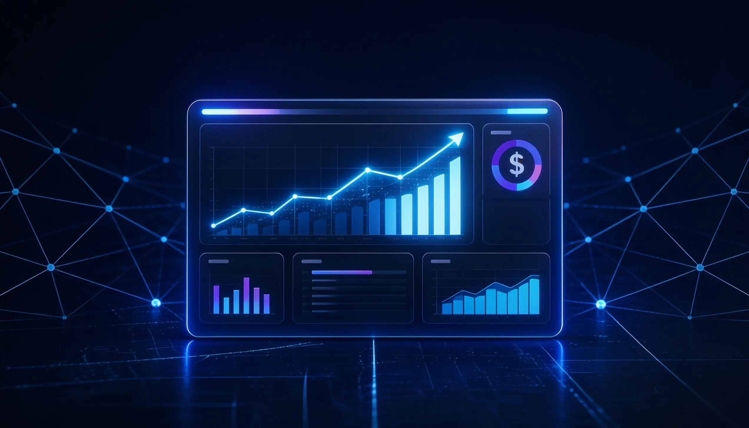 Dashboard visualization showing rising AI agent ROI with financial and performance metrics, representing enterprise AI observability.