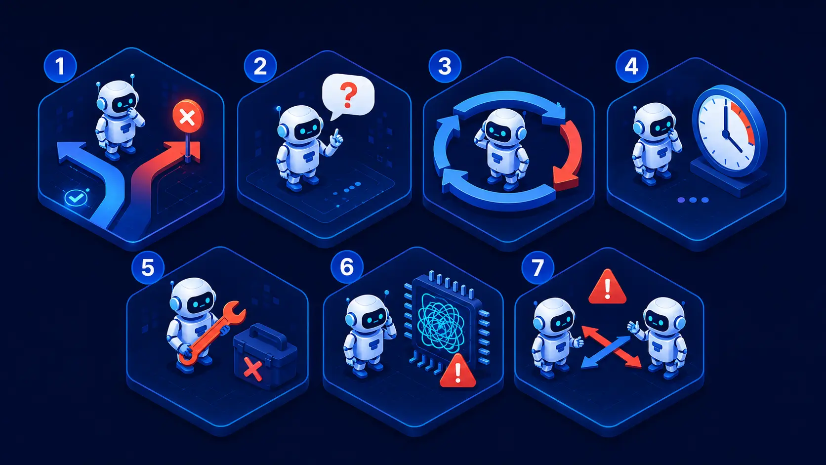 7 Ways AI Agent Failures Occur Infographic showing seven ways AI agent failures occur: wrong decisions, hallucinated responses, repeated actions, slow reasoning chains, tool failures, memory confusion, and cross-agent conflicts