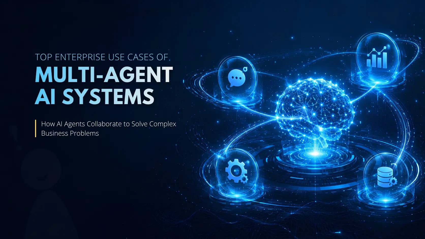 Banner image showing multi-agent AI systems collaborating across enterprise functions like customer support, analytics, automation, and data management
