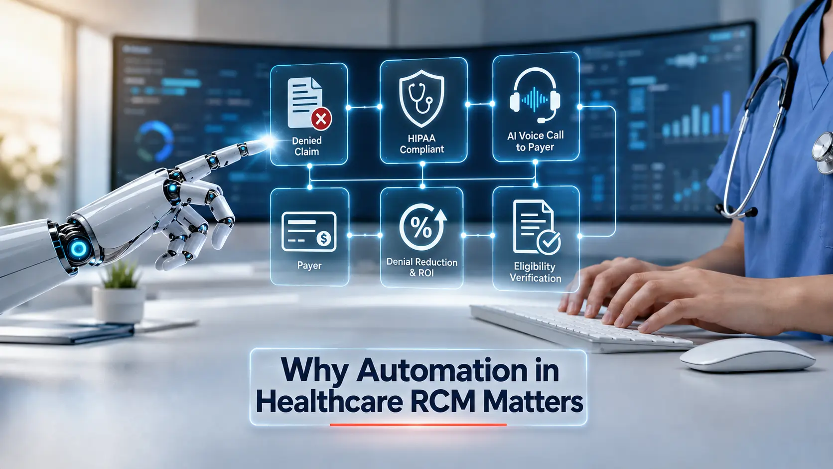 Robotic hand and healthcare professional collaborating on AI-driven RCM automation, showing claim denials, HIPAA compliance, AI voice calls to payers, and eligibility verification.
